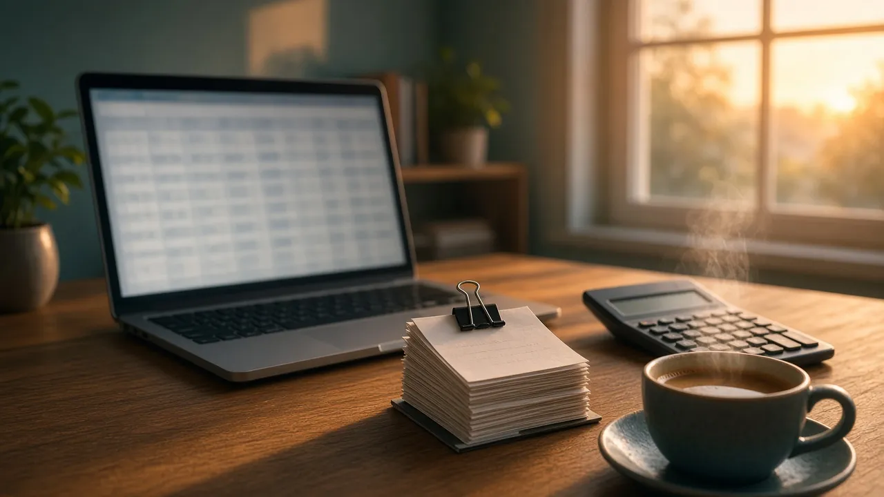 Momsafstemning ved et skrivebord med laptop, bilag, lommeregner og kaffe i morgenlys