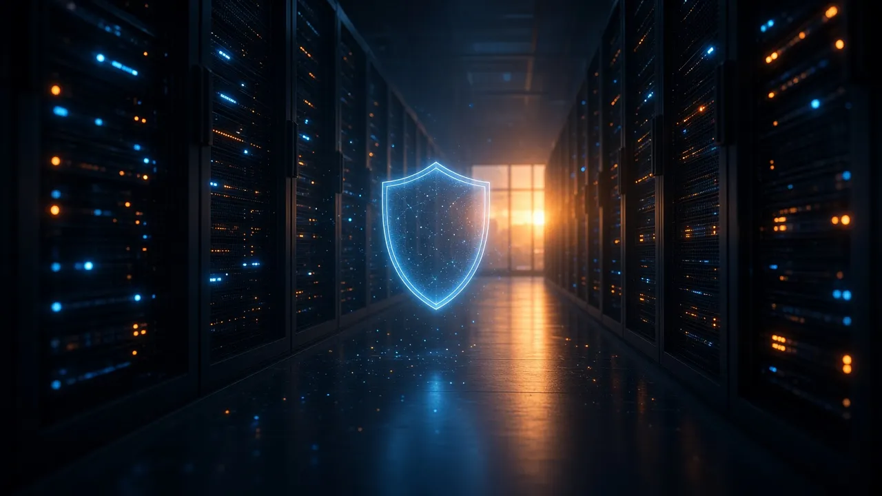 Mørkt serverrum med blå og orange lys og et lysende skjold, der symboliserer PHP sikkerhed