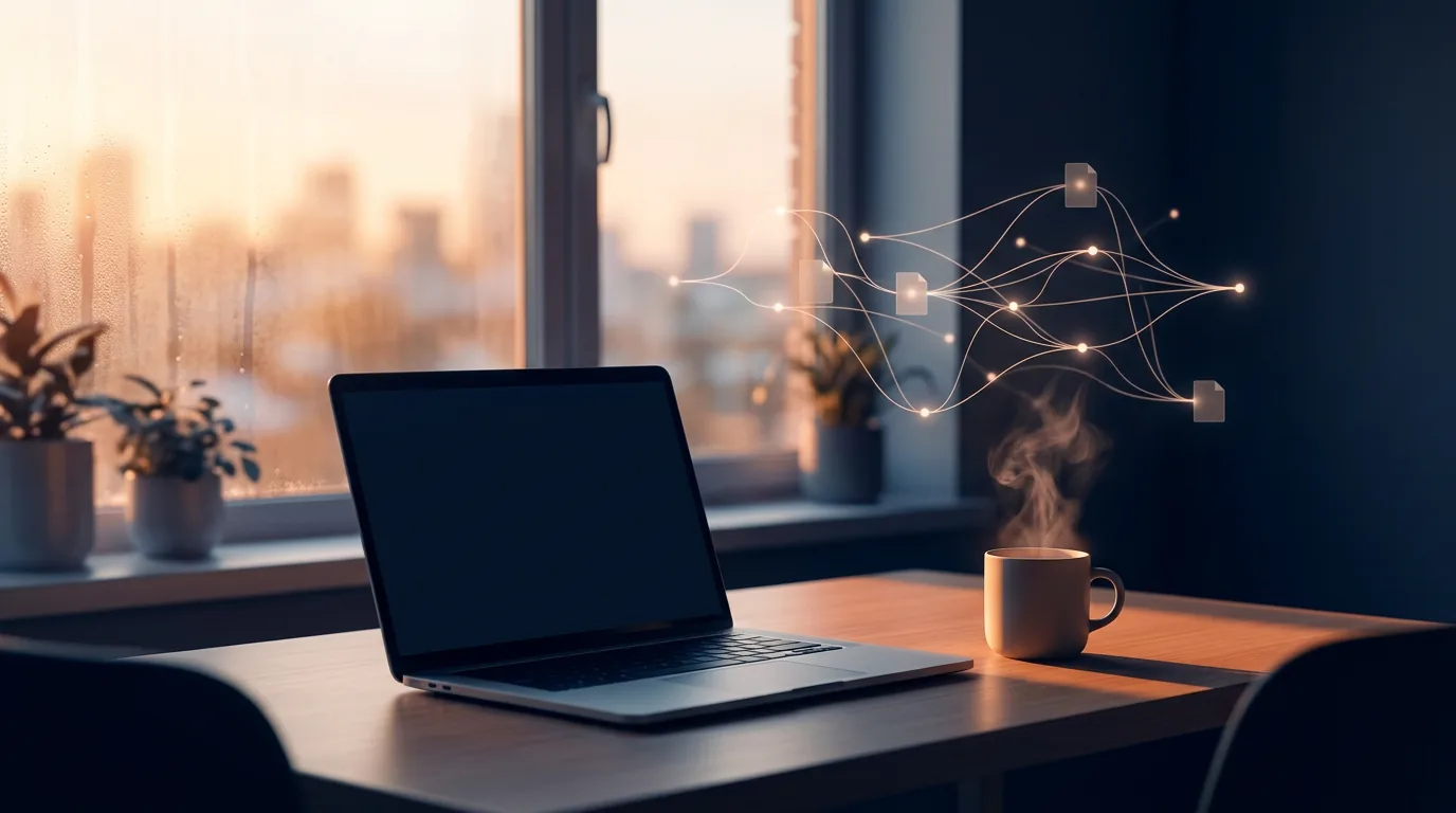 SEO automatisering illustreret som lysende netværk af sider over et skrivebord med laptop og kaffe i morgenlys
